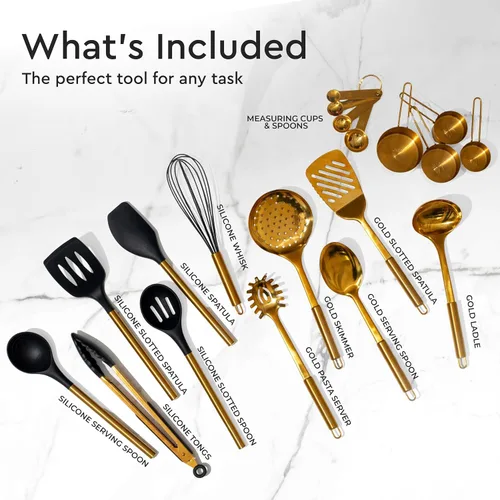 Miniatura 2 de Juego de utensilios de cocina negros y dorados, juego de 19 piezas, incluye utensilios de cocina de acero inoxidable y silicona, tazas medidoras