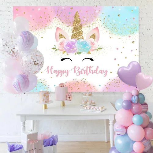 Miniatura 2 de Mocsicka Decoraciones de cumpleaños de unicornio para niñas, telón de fondo de unicornio para fiesta de cumpleaños de 7 x 5 pies, arcoíris pastel