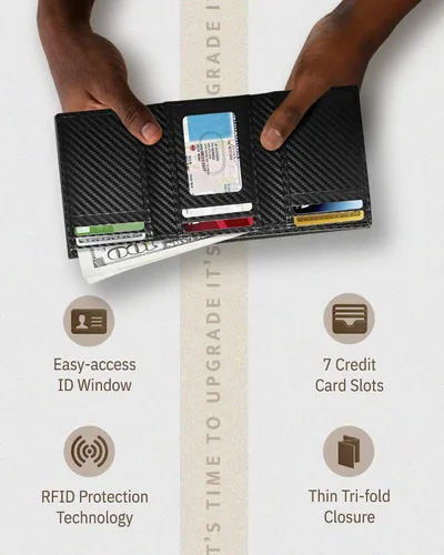 Miniatura 9 de Billetera de triple pliegue con RFID, cuero genuino, delgado, con ventana de identificación, bolsillo frontal, regalo para hombre