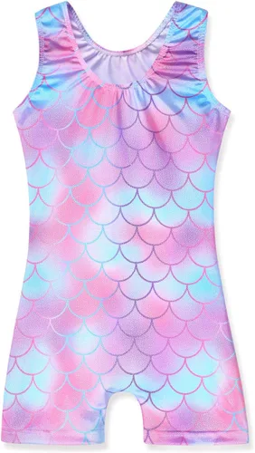 Miniatura 20 de HOZIY - Leotardos de gimnasia con pantalones cortos brillantes para niñas pequeñas; estampados de unicornio, aurora, arco iris, sirena, dinosaurio