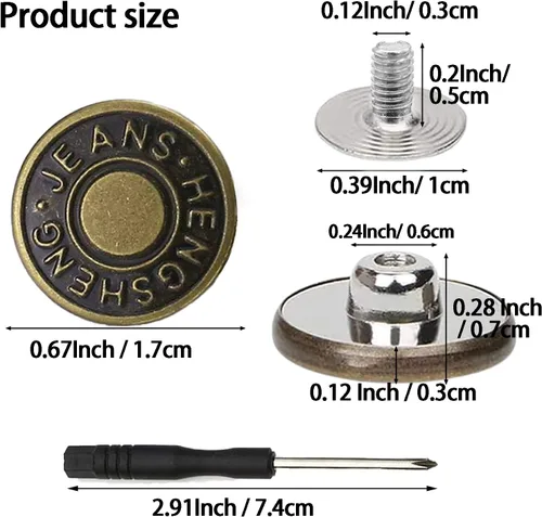Miniatura 4 de YouOKLight Botones para jeans, 0.669 in sin clavos, botones de metal extraíbles de repuesto para reparación de remaches y destornilladores, 12