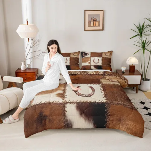 Miniatura 4 de Juego de ropa de cama de cuero de vaca occidental, juego de edredón dorado con diseño de herradura de estrellas de Texas, diseño de retazos de Multi