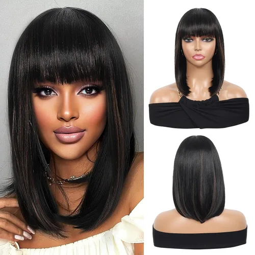 Miniatura 12 de Kalyss - Pelucas cortas de cabello negro con flequillo para mujer, peluca de cabello sintético completo, resistente al calor, peluca corta y recta