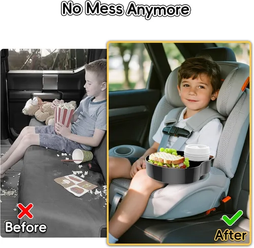 Miniatura 3 de Bandeja de asiento de automóvil para niños, bandeja de viaje con portavasos para niños pequeños, organizador de alimentos para asiento de automóvil