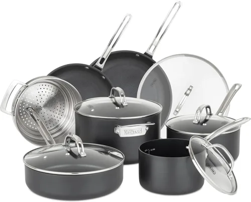 Viking Juego de ollas y sartenes antiadherentes, juego de 12 piezas de utensilios de cocina con tapas de vidrio duras anodizadas, color negro