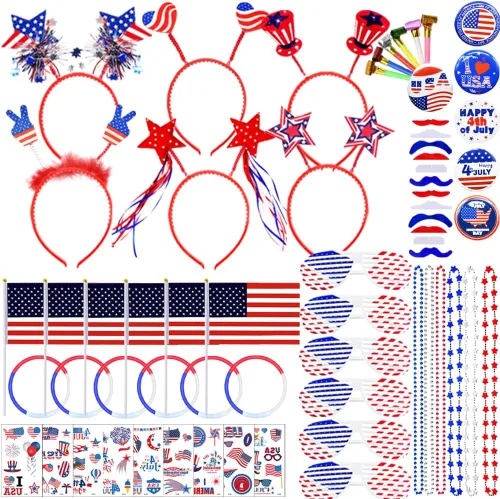 126 piezas de suministros patrióticos para fiestas, accesorios de fiesta del 4 de julio con collares, diademas, persianas, banderas, palillos