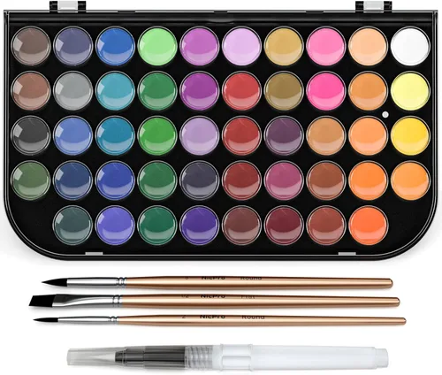 Nicpro Juego de pintura de acuarela, kit de 48 colores de agua con 3 pinceles de pintura, paleta, bolígrafo de acuarela, suministros de pintura no