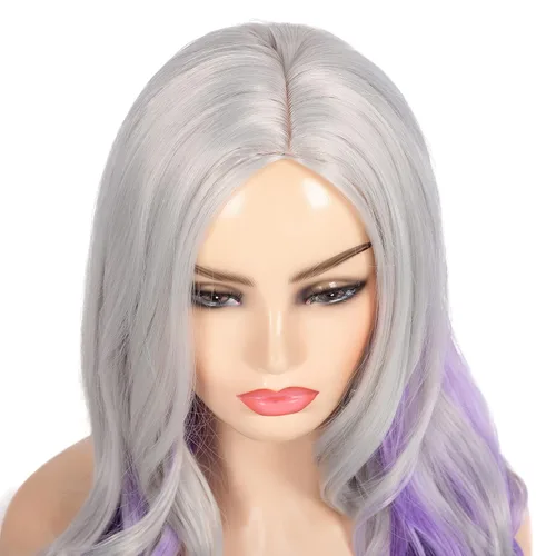Miniatura 3 de Peluca larga y rizada ondulada gris plateado a morado con parte lateral de aspecto natural sintético Cosplay peluca para mujeres Astilla a Púrpura
