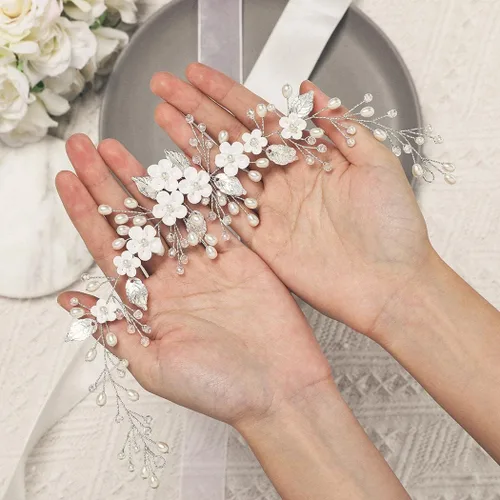 Miniatura 5 de Unicra Tocado de novia con perlas de vid y flores, piezas de pelo de boda, accesorios de cabello de graduación plateadas para novias y mujeres