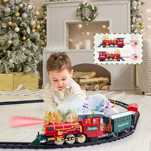 Miniatura 5 de Juego de tren para niños con humo, luces y sonido, juego de tren para debajo del árbol de Navidad, tren de juguete eléctrico para regalos de 3, 4