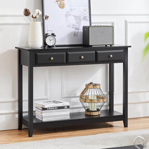 Miniatura 2 de Topeakmart Mesa consola con estante de almacenamiento y 3 cajones, mesa de sofá de 2 niveles para entrada/pasillo/sala de estar, material de madera
