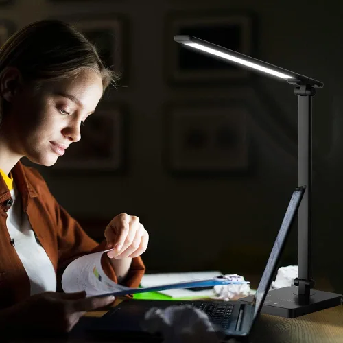 Miniatura 6 de Lámpara de escritorio LED para cuidado de los ojos, lámpara de mesa regulable con 2 puertos de carga USB y 10 niveles de brillo x 5 modos