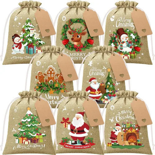 FLOE 24 Bolsas de Regalo de Arpillera Navideñas con Cordón, Bolsas de Lino Navideñas de 6x8 pulgadas con Etiqueta, Bolsa de Regalo Pequeña de Yute