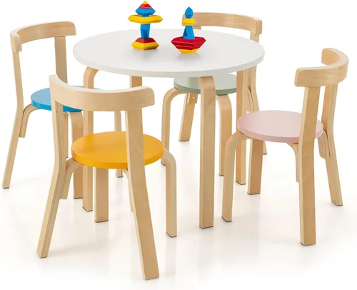 Costzon - Juego de mesa y silla para niños, juego de mesa de actividades de 5 piezas de madera con bloques de juguete, muebles de sala de juegos