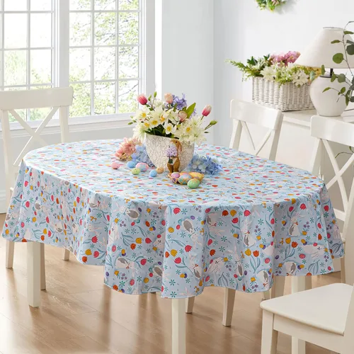 Miniatura 10 de Newbridge Blue Easter Cotton Tail Bunny Party 52 x 52 inch Square Vinyl Tablecloth with Flannel Backing, Bunny Rabbit, Easter Eggs and Floral Design