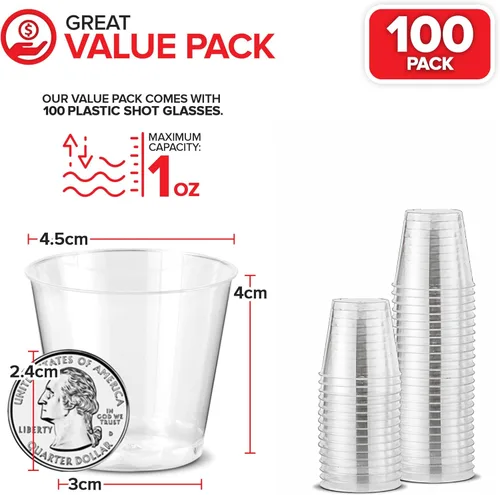 Miniatura 2 de Stock Your Home Paquete de 100 vasos de chupito de plástico (1 onza), vasos desechables transparentes para chupitos de gelatina, degustación