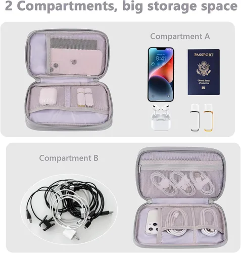 Miniatura 3 de Organizador de viaje electrónico, bolsa de accesorios tecnológicos para cables/cargador y cables (gris, PU-M)