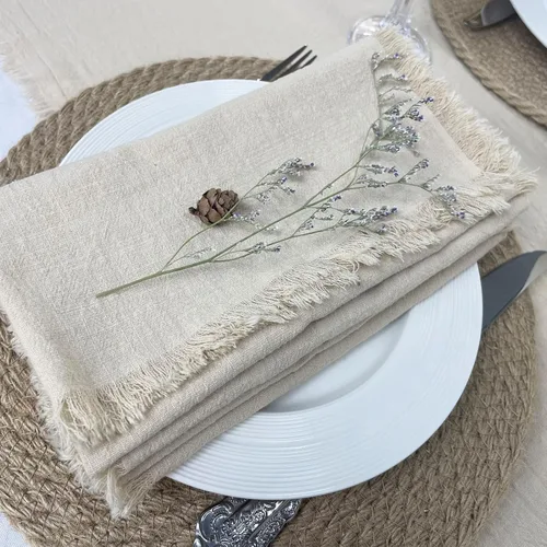 Juego de 4 servilletas de tela hechas a mano, 100% algodón, con flecos, servilletas delicadas lavables, para cenas, bodas y fiestas (18 x 18 Beige
