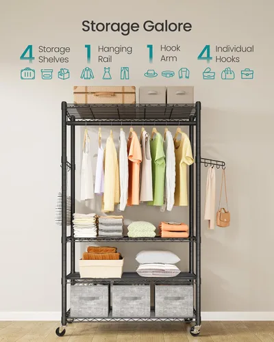 Miniatura 3 de SONGMICS ULGR418BH01 - Perchero de ropa con ruedas rodantes, con estantes de malla ajustables y rieles para colgar, ganchos, 15.8 x 35.4 x 78.3