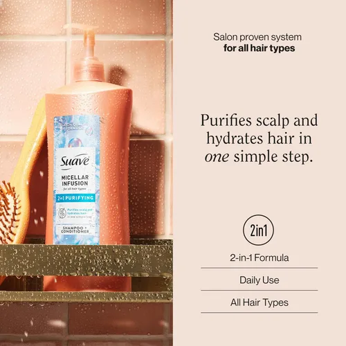 Miniatura 2 de Suave Champú y acondicionador 2 en 1 con infusión micelar, limpieza y acondicionador para todo tipo de cabello, 28 onzas, paquete de 4