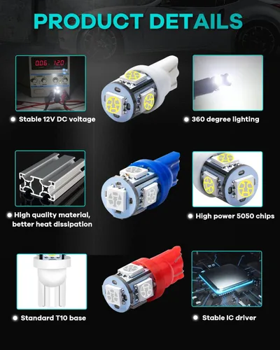 Miniatura 3 de Alopee Paquete de 30 bombillas LED 194 multicolor blanco/azul/rojo combo 12V DC T10 base de cuña 5SMD-5050 para 168 921 2825 W5W 158 501 coche