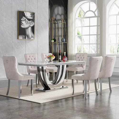 Miniatura 18 de Juego de mesa de comedor de 7 piezas con sillas, mesa de comedor de mármol sintético y sillas beige para 6, juego de mesa de comedor de oro blanco