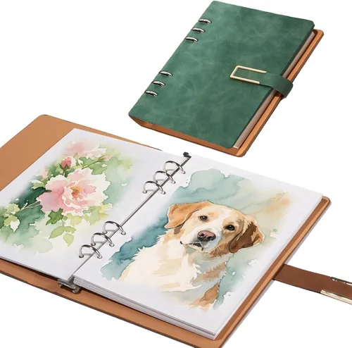 Miniatura 10 de Cuaderno de bocetos profesional de acuarela con carpeta de 6 anillas, 20 hojas de papel de prensa en frío 100% algodón 100% algodón sin ácidos, 9.25