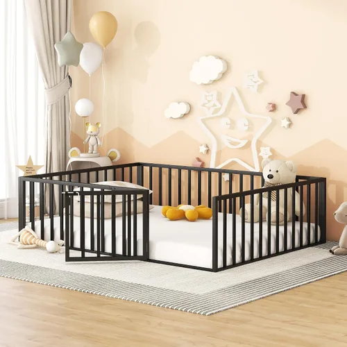 Miniatura 3 de Harper & Bright Designs Cama de suelo Queen con rieles de valla y puerta, cama de piso de metal Queen para niñas y niños, cama de suelo Montessori