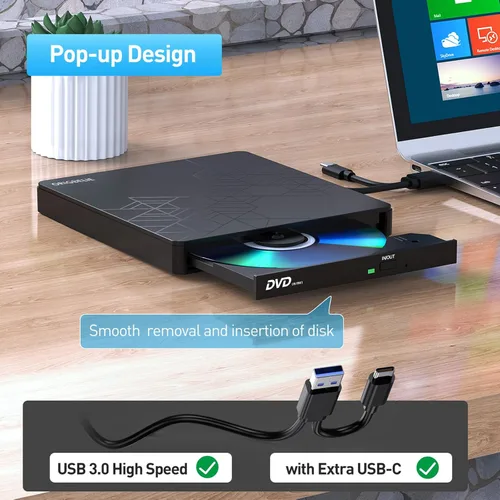 Miniatura 3 de ORIGBELIE Unidad externa de CD y DVD, grabadora de CD USB 3.0 con 2 puertos USB y 2 ranuras para tarjetas TF/SD, unidad de disco óptico