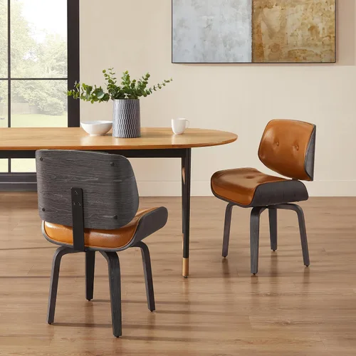 Miniatura 5 de Zouron Silla de comedor giratoria, silla de comedor tapizada de piel sintética con patas de madera, silla auxiliar moderna de mediados de siglo