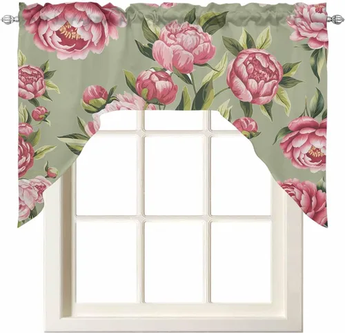 Miniatura 10 de Juego de cortinas de cocina con festón floral verde salvia, cenefa y nivel, 24 pulgadas de largo, diseño retro de flores rosa pastel, cortinas