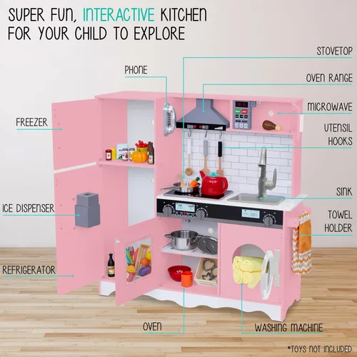 Miniatura 2 de Lil' Jumbl Juego de cocina rosa para niños, cocina de juego de madera de simulación, máquina de hielo a pilas, microondas, campana extractora