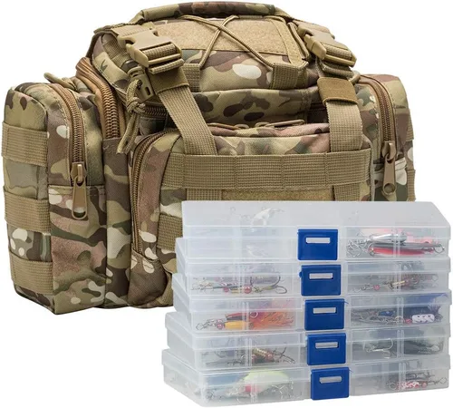 Dr.Fish Bolsa de aparejos de pesca 5 cajas con 60 señuelos incluidos Juego de caja de aparejos cargada y equipada Set de señuelos giratorios Equipo