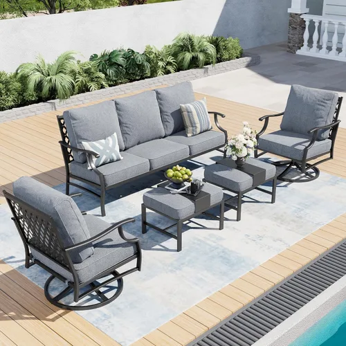 Miniatura 37 de SUNSHINE VALLEY Juego de muebles de patio, 4 piezas de muebles modernos de metal para exteriores, sofá de 3 plazas, 2 sillas mecedoras, mesa