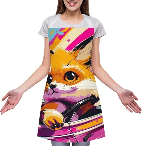 Miniatura 3 de MUSM Apron for Adults - 27.6 X 31.5 Inch, Heavy-Duty Polyester Aprons with Two Large Pockets, Waterproof Little Fox in The Car Kitchen Apron for