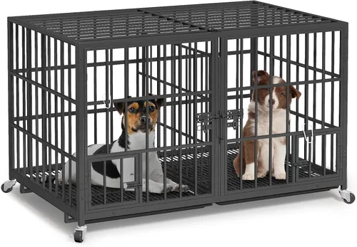Miniatura 8 de EZ4ENCE Jaula para perros de 48/42/54 pulgadas con divisor para 2 perros, jaula indestructible, diseño resistente, doble puerta y bandeja extraíble