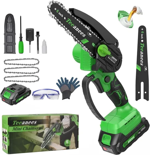 Mini motosierra inalámbrica, pequeña motosierra eléctrica de 6 pulgadas con batería de 21 V y 3 cadenas, motosierra de mano alimentada por batería