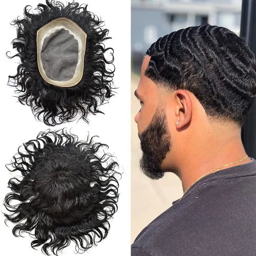 Miniatura 17 de Afro - Tupé para hombre, duradero, base fina, mono, rizado, cabello ondulado africano, piezas para hombres negros, mono encaje de poliuretano