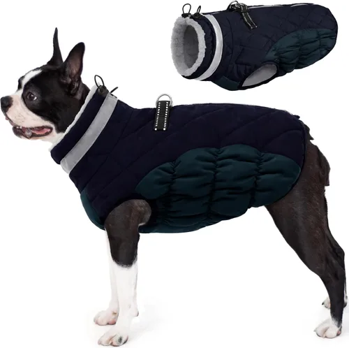 Miniatura 29 de AOFITEE Abrigo para perro, chaquetas cálidas para perros grandes, abrigo reflectante de cuello alto para perros con arnés integrado, impermeable