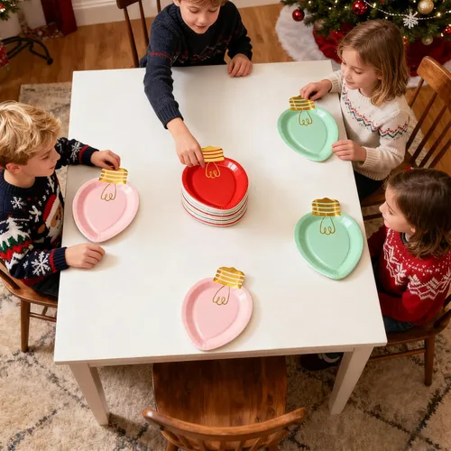 Miniatura 5 de Whaline 30 platos de papel de Navidad con forma de luces desechables para cena y fiesta, vajilla de vacaciones para postres ensaladas, aperitivos