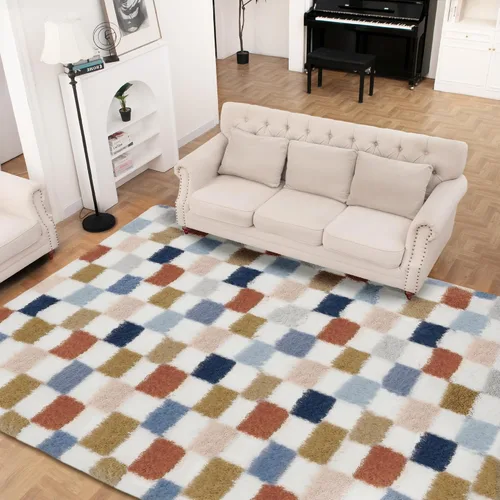 Miniatura 20 de Alfombra de área súper suave en blanco y negro, de 5 x 7 pies, alfombra clásica a cuadros de pelo alto mullida para dormitorio, sala de estar, Negro