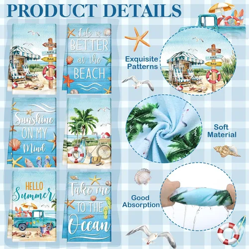 Miniatura 3 de Tudomro 6 Piezas Toallas de Cocina de Playa de Verano Toallas de Cocina de Camión de Playa Toallas de Cocina de Concha Toallas de Cocina Absorbentes
