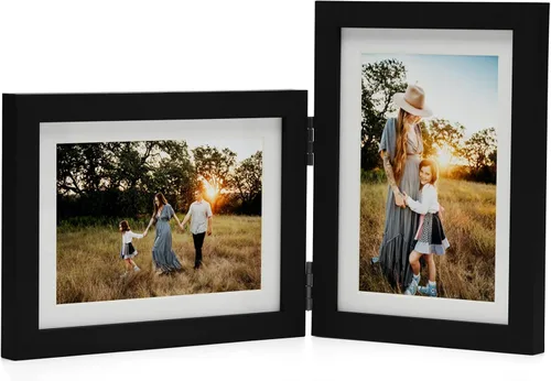 Miniatura 10 de Marcos de Fotos Dobles 4x4 con Bisagras Plegables en Negro para Colgar en la Pared o Poner en Mesa, Hechos de Madera de Pino con Vidrio Real P-44 *