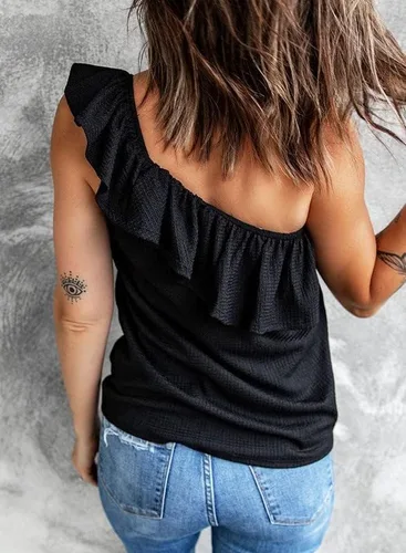 Miniatura 4 de Dokotoo Camiseta sin mangas para mujer, con un hombro descubierto, con volantes, lisas, holgadas