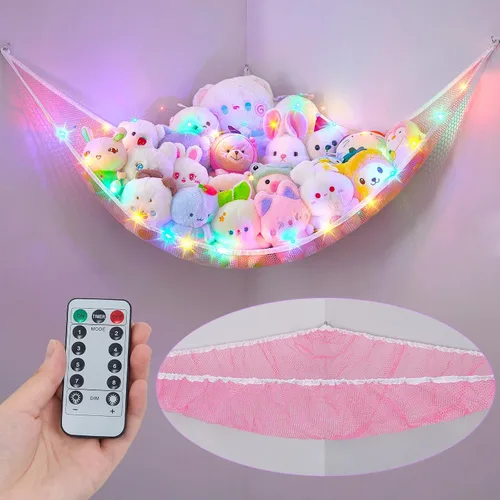 Miniatura 10 de Unicorn Castle Hamaca de red para animales de peluche, almacenamiento de juguetes con luz LED, organizador de juguetes de felpa para colgar