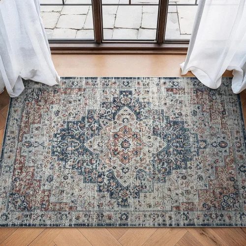 Miniatura 33 de Bloom Rugs Caria Alfombra Lavable Antideslizante de 7 pies - Azul/Carbón Alfombra Tradicional para Entrada, Pasillo, Baño y Cocina - Tamaño Exacto