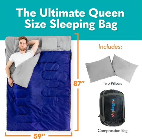 Miniatura 2 de Sleepingo Sacos de dormir dobles para adultos, mochileros, campamento o senderismo, sacos de dormir impermeables Queen para adultos o adolescentes