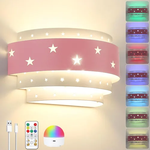 Lightess Aplique de pared rosa que funciona con pilas para habitación de niñas, lámpara de pared LED regulable con forma de estrella, lámpara de
