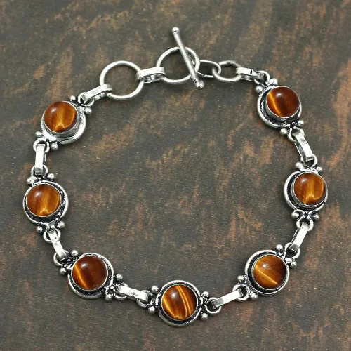 Miniatura 61 de Round Shape Natural & Synthetic Gemstones Silver Plated Bracelets for Women - Vintage Bohemian Style Handmade Birthstone Adjustable Link Bracelet