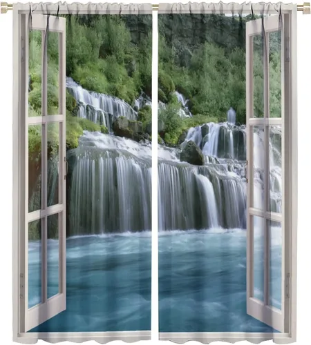 Miniatura 77 de Cortina opaca de bosque de verano, diseño de ramas de bosque, con bolsillo para barra, cortinas farbic con bolsillo para barra, comedor, cafetería